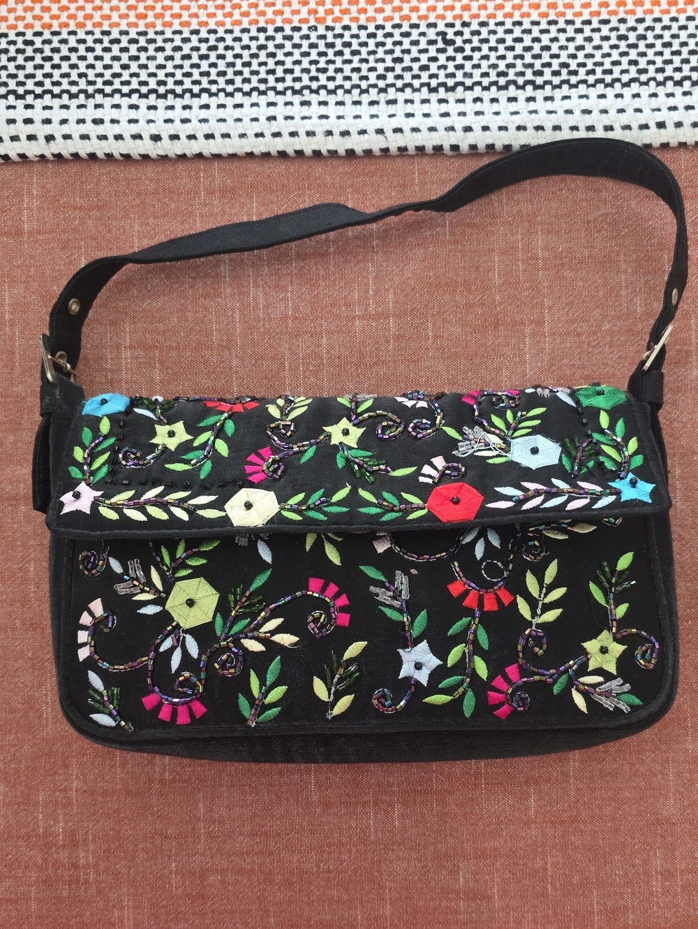 Cache Black Embroidered Floral Flap Shoulder Bag
